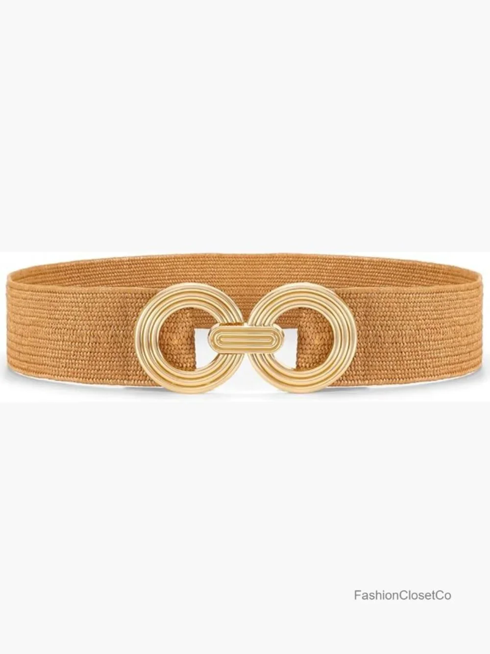 Straw Woven Elastic Belt with Gold Buckle Stretchy Wide Boho Dress Belt
